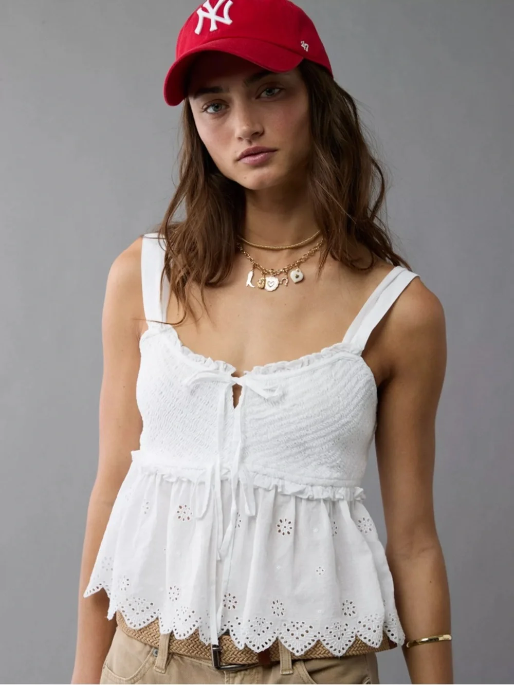 AMERICAN EAGLE S Smocked Babydoll Shirt in White Eyelet Trim Sleeveless Tank Top - Picture 8 of 12